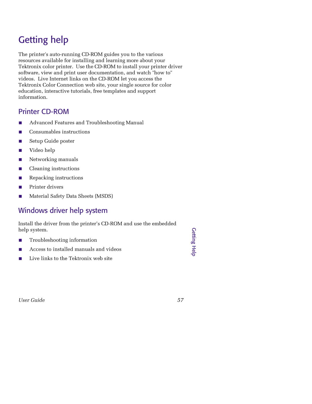 Tektronix 850 manual Getting help, Printer CD-ROM, Windows driver help system, Getting Help 