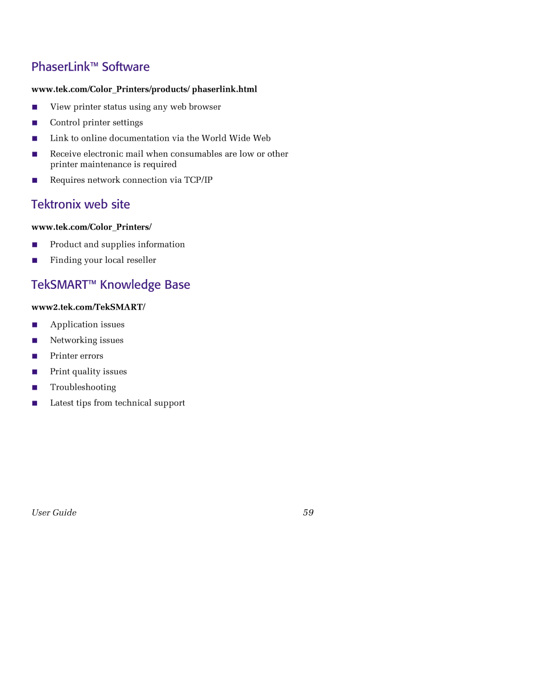 Tektronix 850 manual PhaserLink Software, Tektronix web site, TekSMART Knowledge Base 