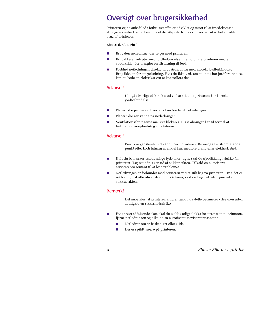 Tektronix 860 manual Oversigt over brugersikkerhed, Elektrisk sikkerhed 