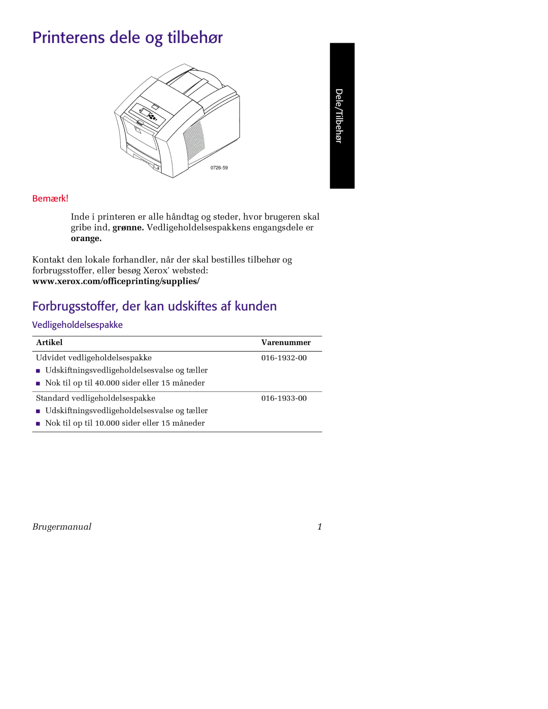 Tektronix 860 manual Printerens dele og tilbehør, Forbrugsstoffer, der kan udskiftes af kunden 