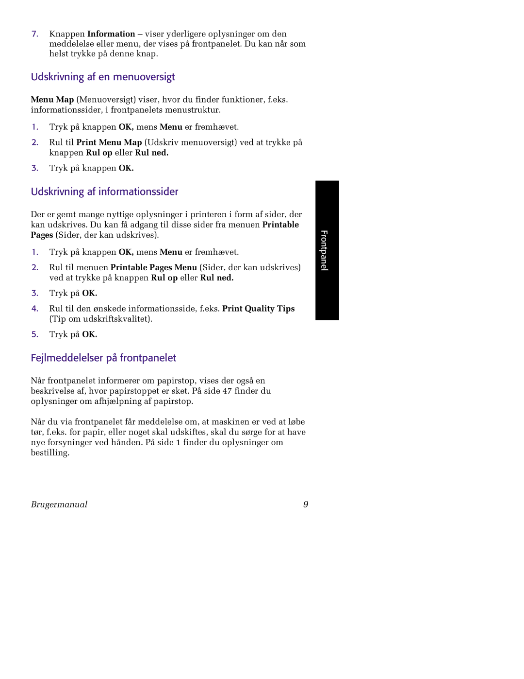 Tektronix 860 manual Udskrivning af en menuoversigt, Udskrivning af informationssider, Fejlmeddelelser på frontpanelet 