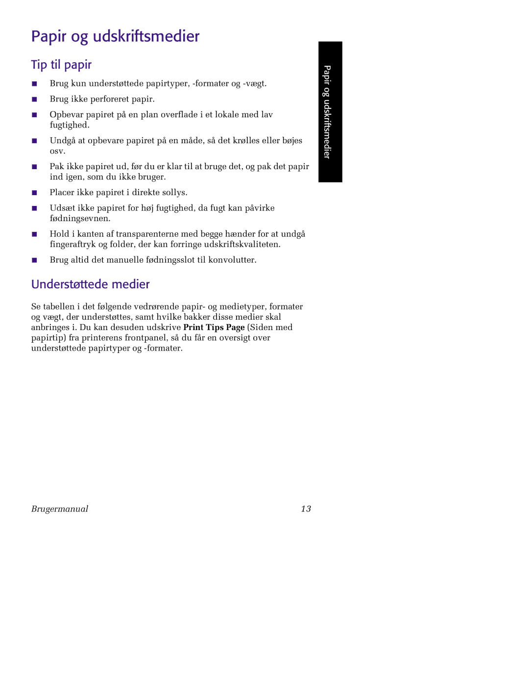 Tektronix 860 manual Papir og udskriftsmedier, Tip til papir, Understøttede medier 