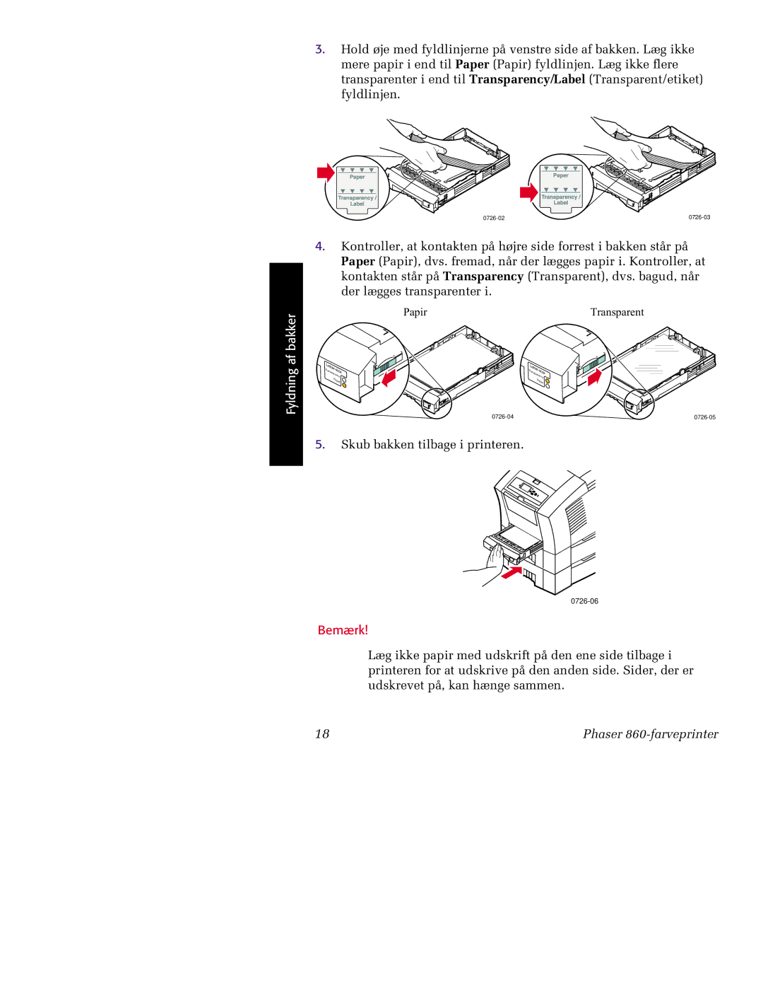 Tektronix 860 manual Skub bakken tilbage i printeren 