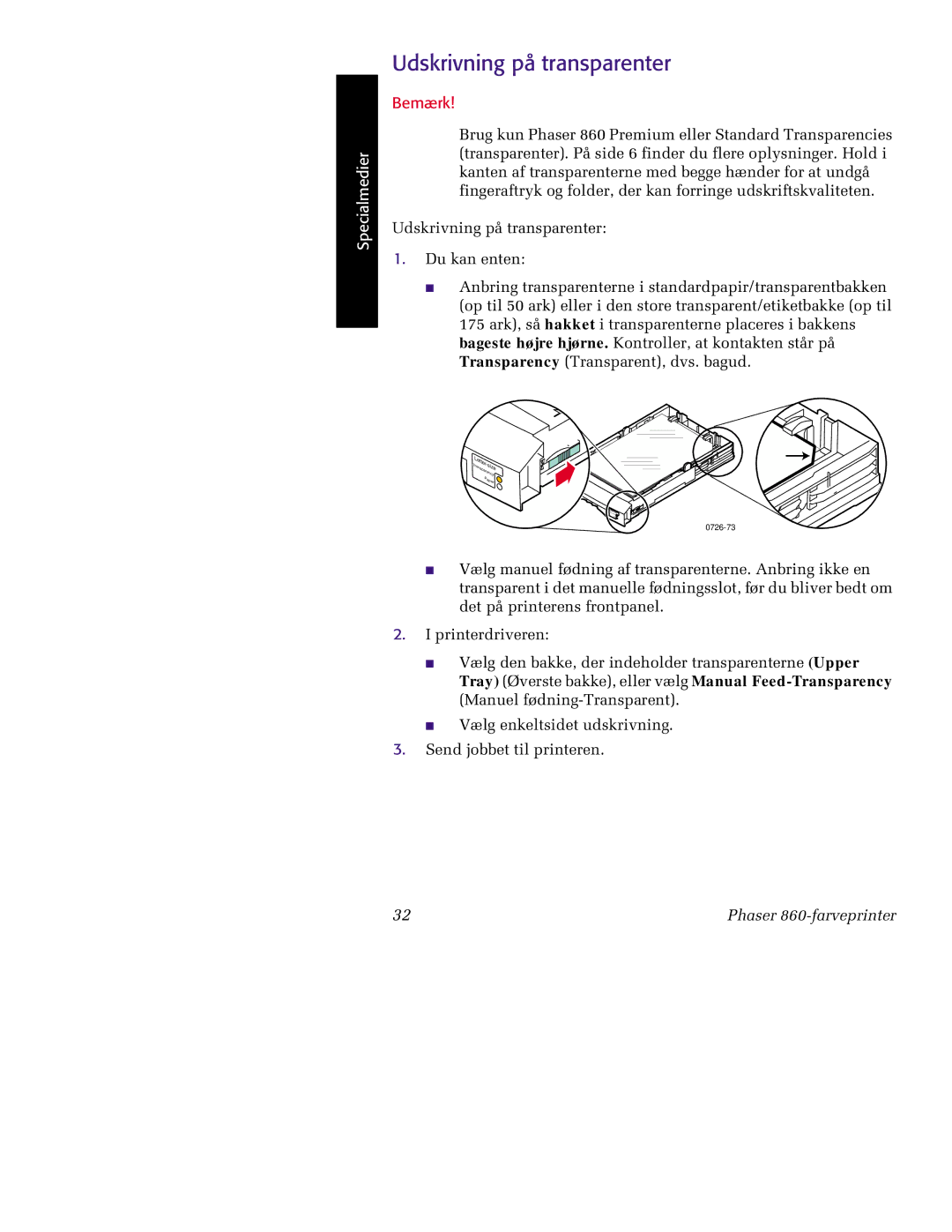 Tektronix 860 manual Paper, Udskrivning på transparenter 