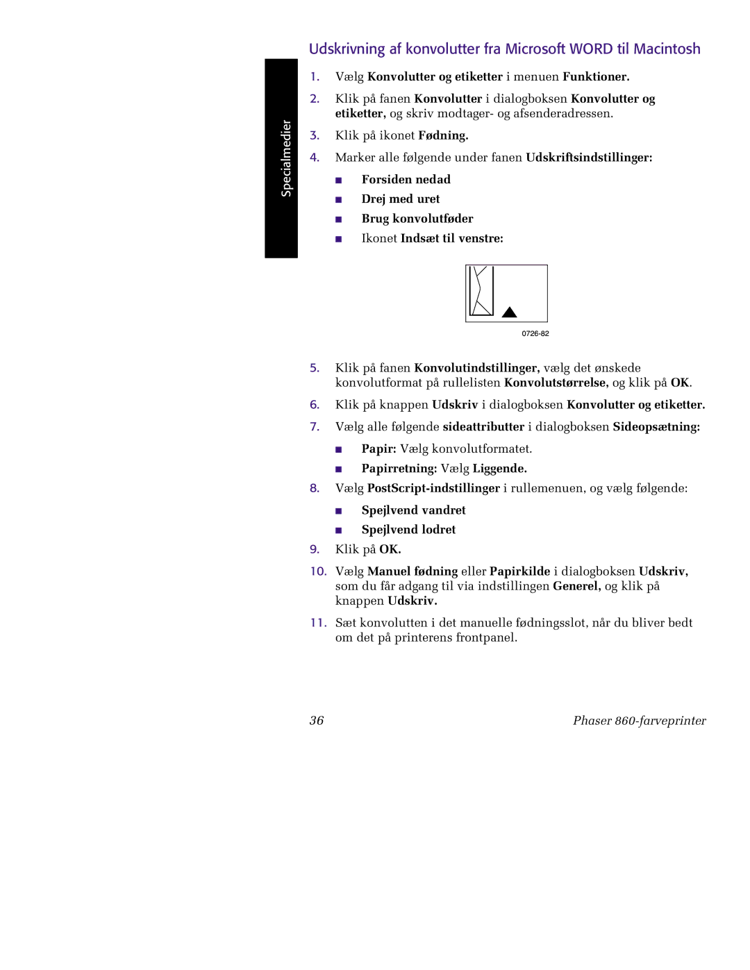 Tektronix 860 manual 0726-82, Udskrivning af konvolutter fra Microsoft Word til Macintosh 