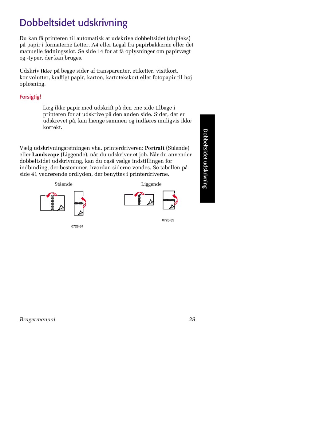 Tektronix 860 manual Dobbeltsidet udskrivning, Forsigtig 