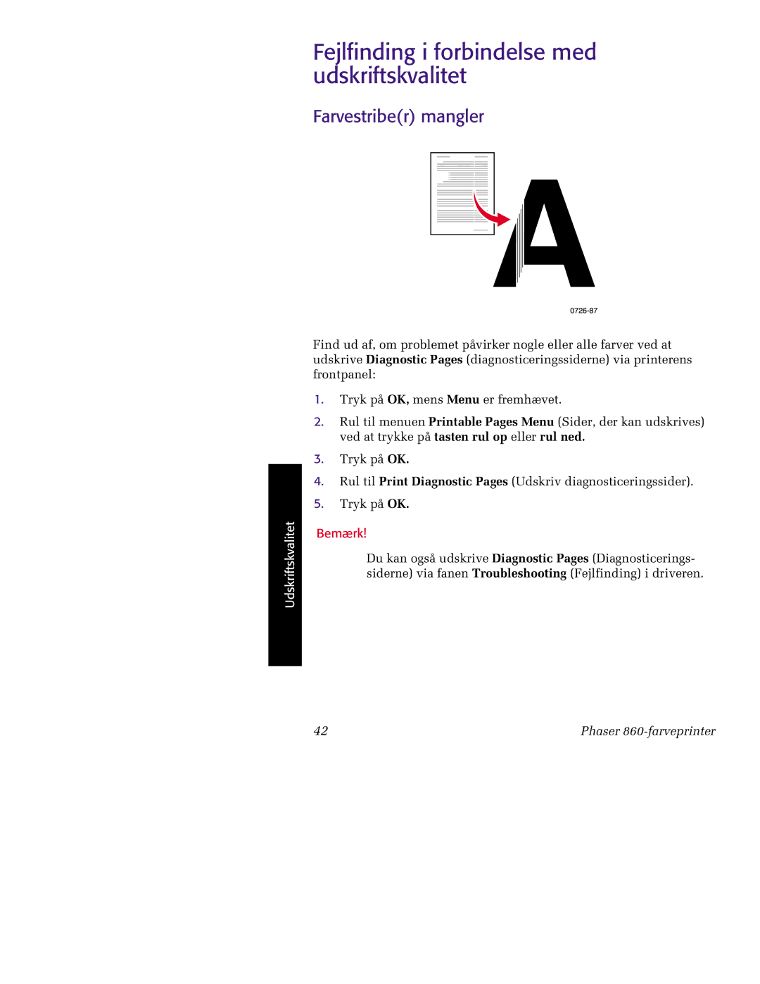 Tektronix 860 manual Fejlfinding i forbindelse med udskriftskvalitet, Farvestriber mangler 