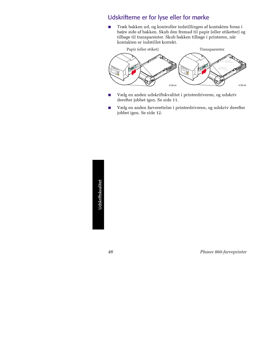 Tektronix 860 manual Udskrifterne er for lyse eller for mørke 