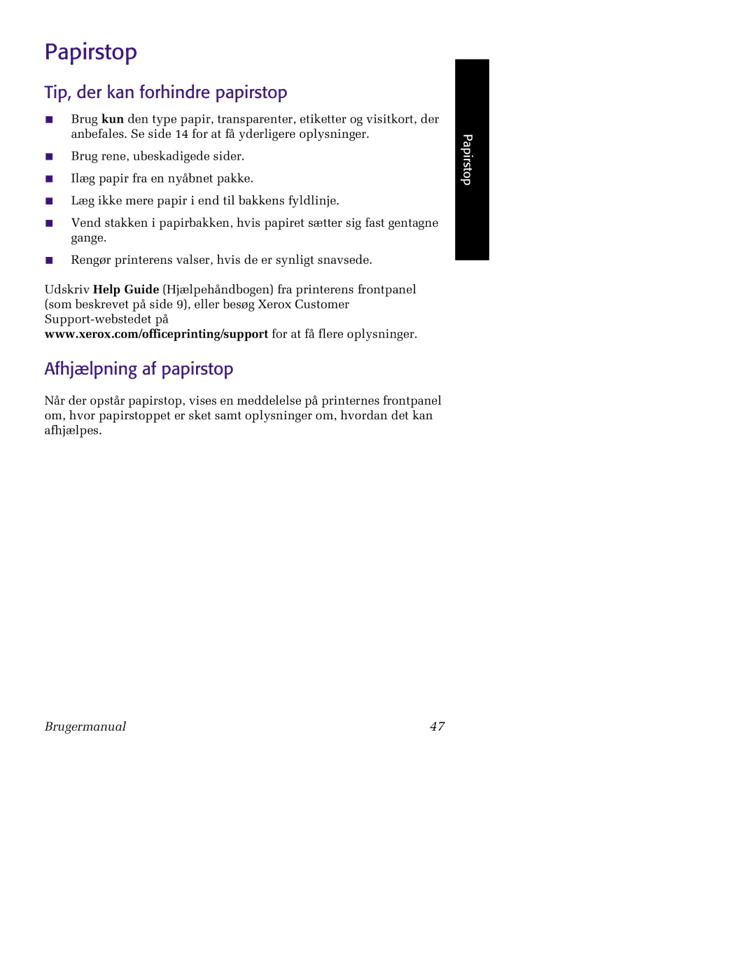 Tektronix 860 manual Papirstop, Tip, der kan forhindre papirstop, Afhjælpning af papirstop 