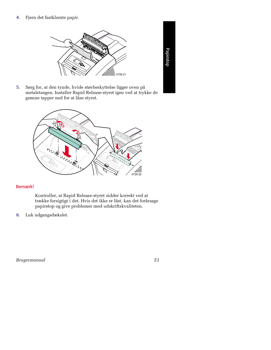 Tektronix 860 manual Fjern det fastklemte papir 