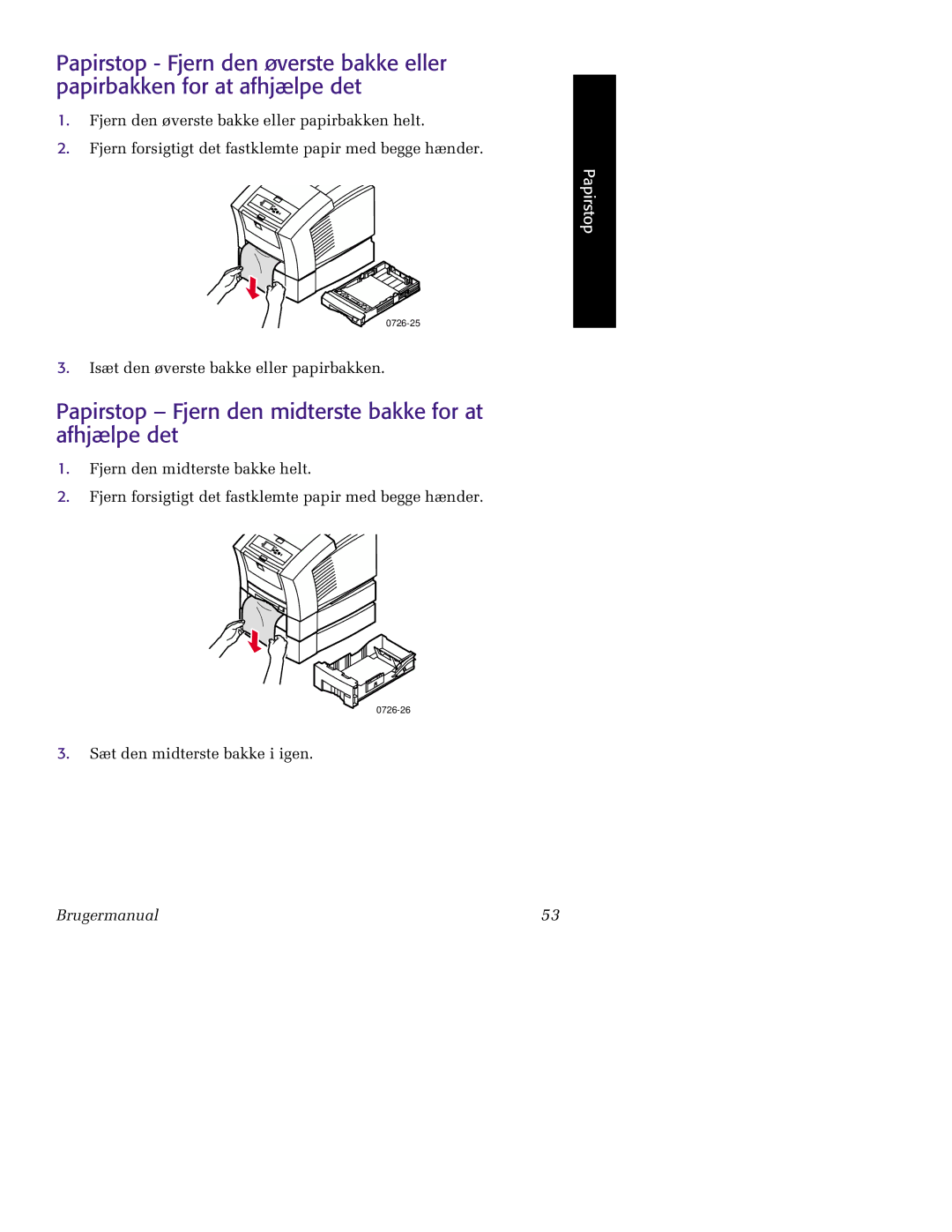 Tektronix 860 manual Papirstop Fjern den midterste bakke for at afhjælpe det 