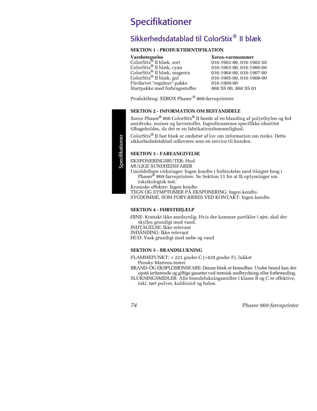 Tektronix 860 manual Specifikationer, Sikkerhedsdatablad til ColorStix II blæk 