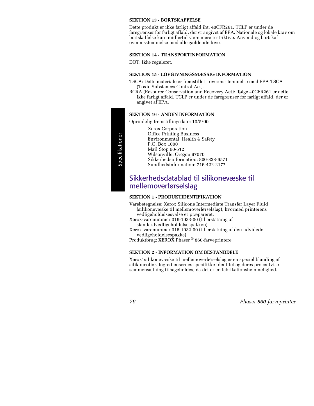 Tektronix 860 manual Sektion 14 Transportinformation 