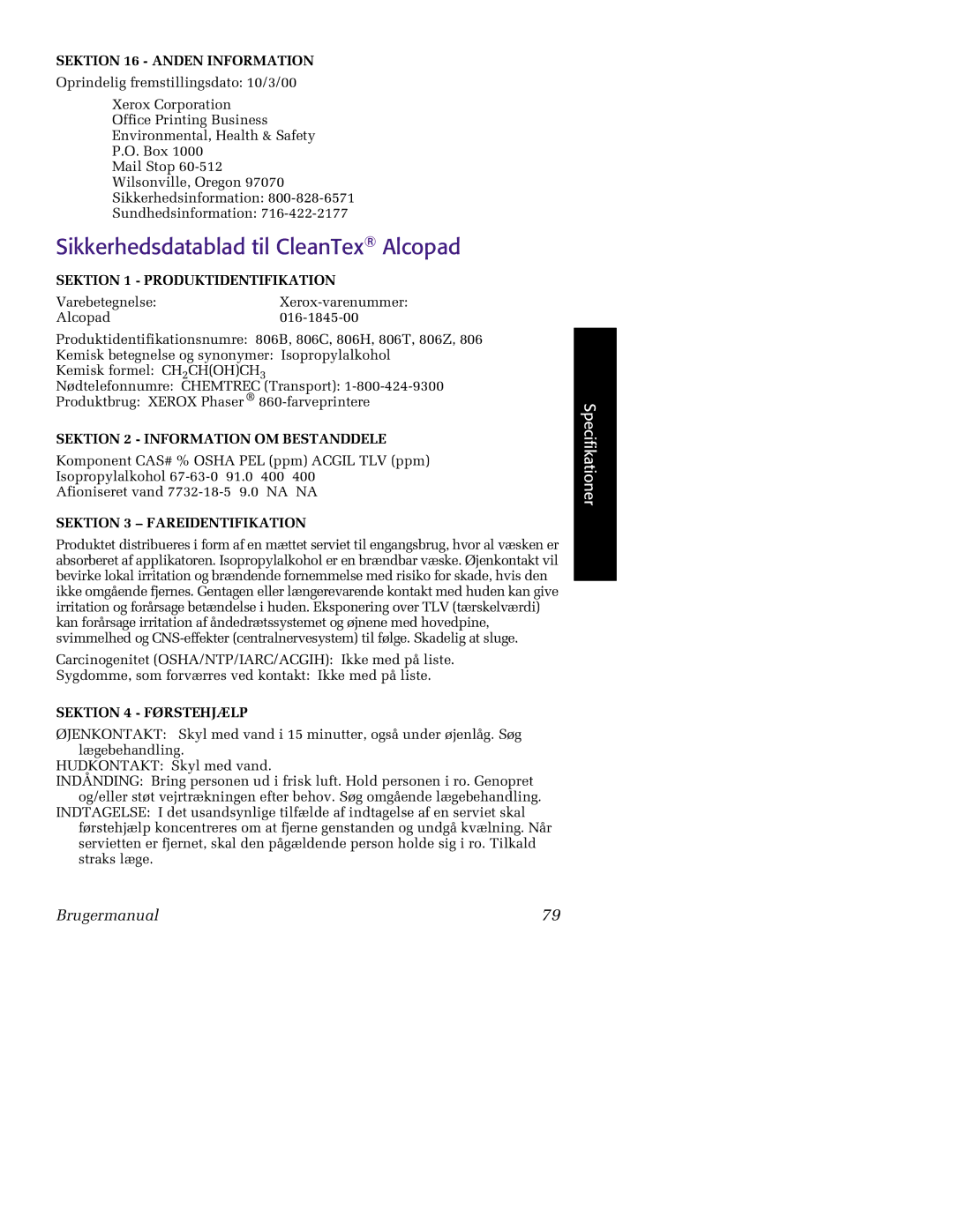 Tektronix 860 manual Sikkerhedsdatablad til CleanTex Alcopad, Sektion 3 Fareidentifikation 