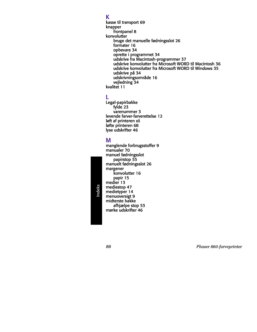 Tektronix manual Indeks, Phaser 860-farveprinter 