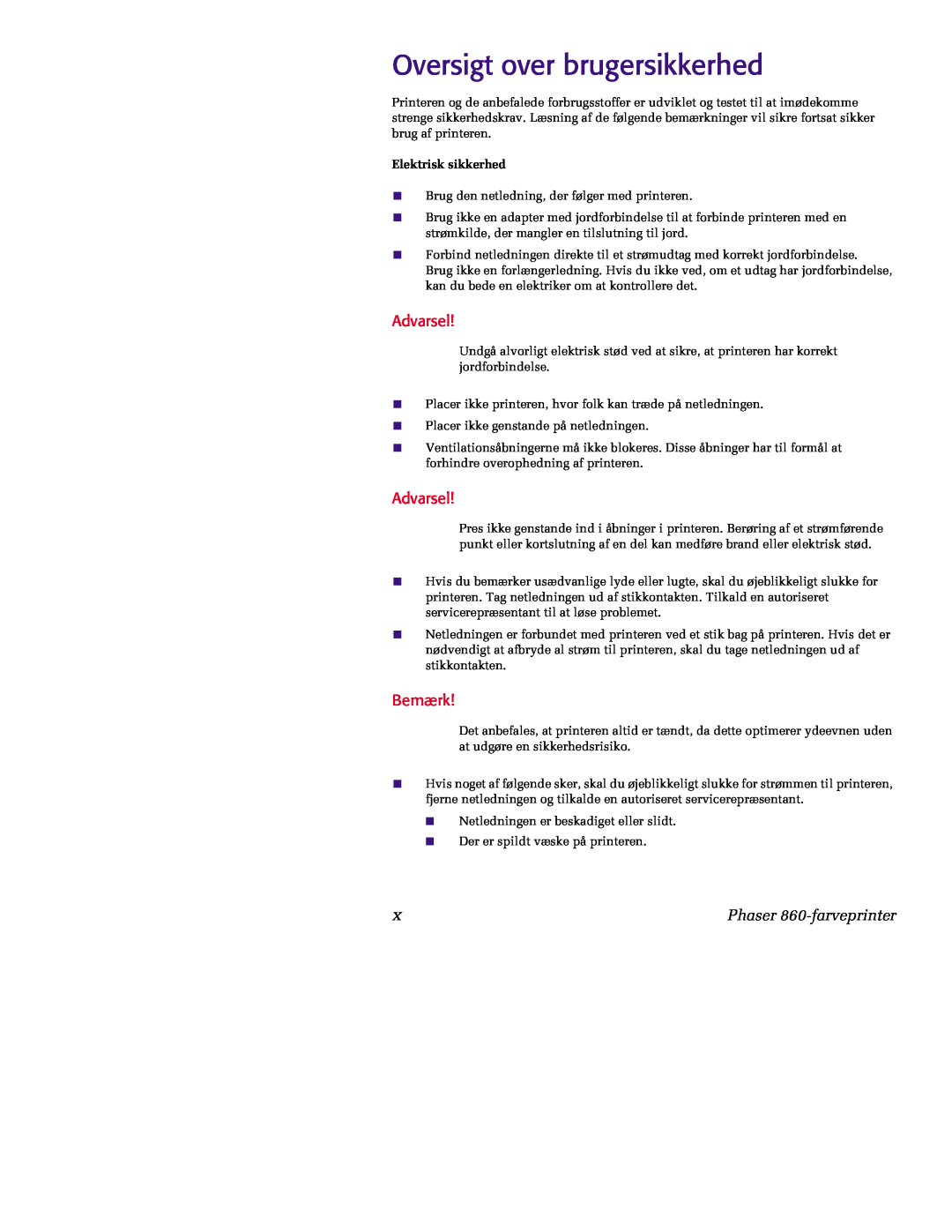 Tektronix manual Oversigt over brugersikkerhed, Advarsel, Bemærk, Phaser 860-farveprinter, Elektrisk sikkerhed 