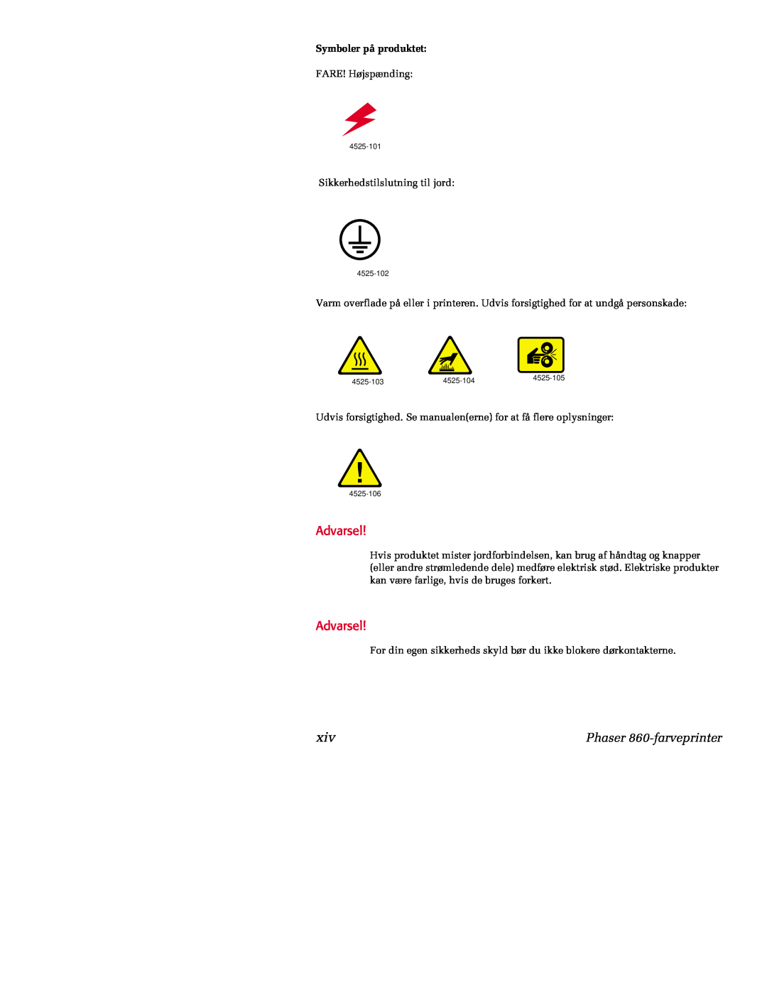 Tektronix manual Advarsel, Phaser 860-farveprinter, Symboler på produktet 