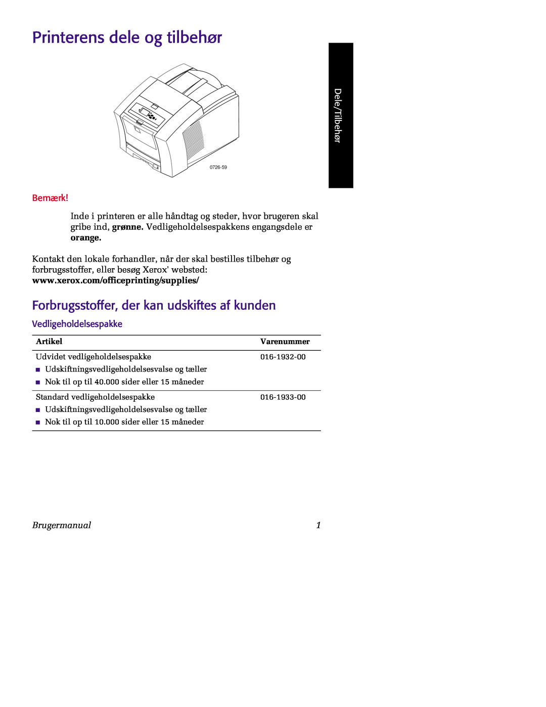 Tektronix 860 Printerens dele og tilbehør, Forbrugsstoffer, der kan udskiftes af kunden, Dele/Tilbehør, Bemærk, Artikel 