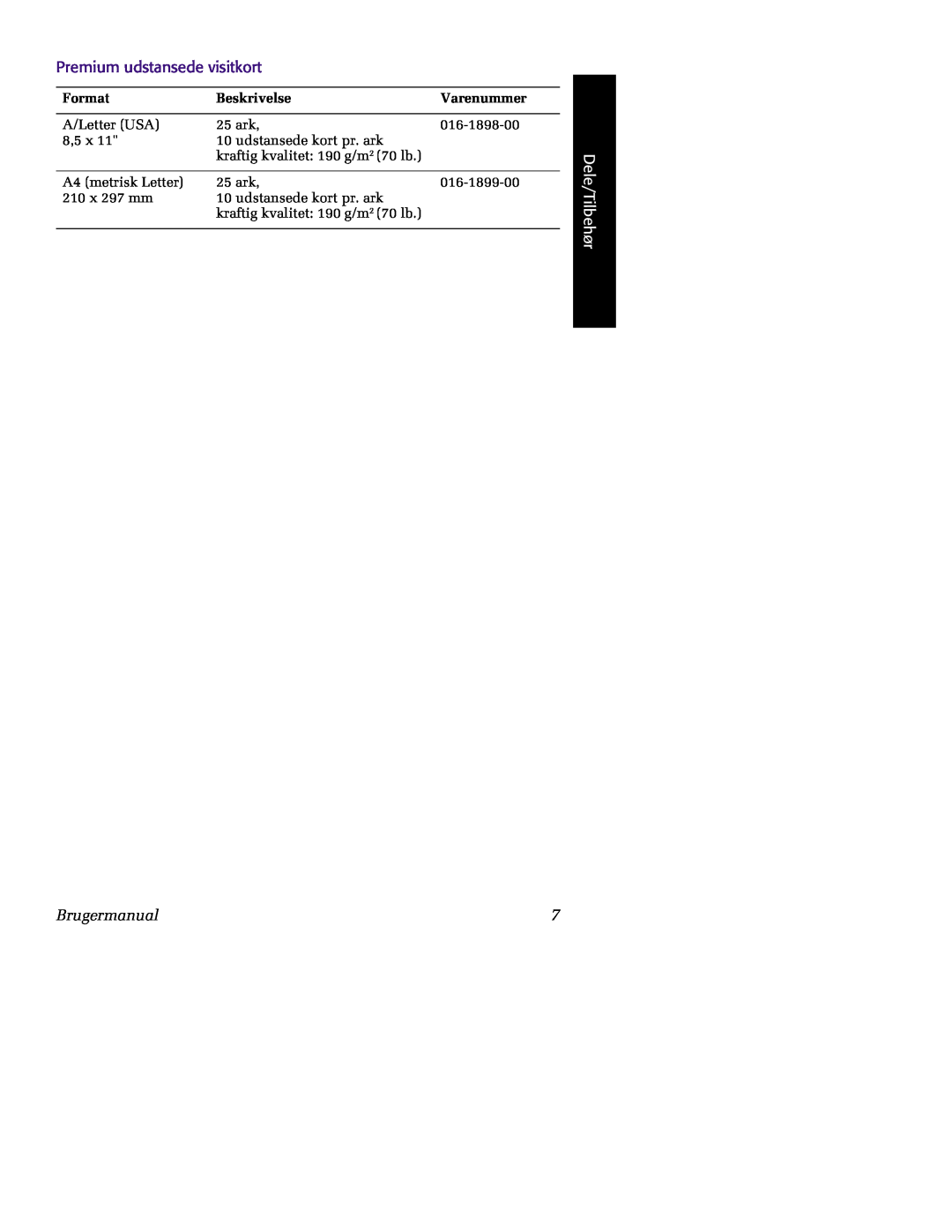 Tektronix 860 Premium udstansede visitkort, Dele/Tilbehør, Brugermanual, Format, Beskrivelse, Varenummer 