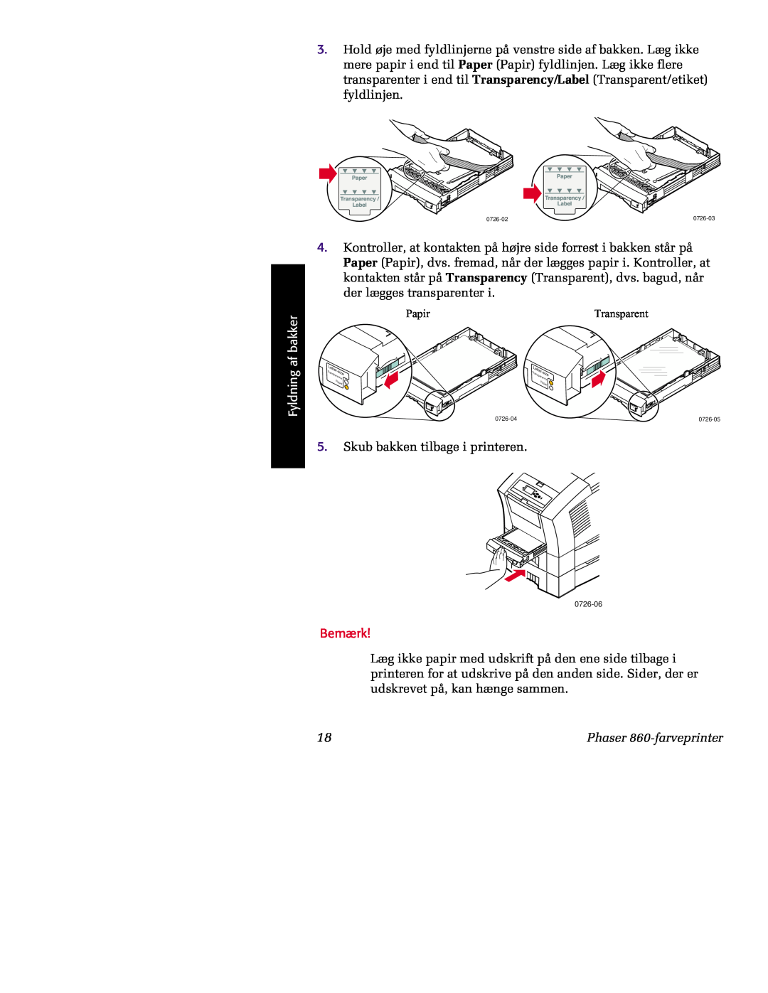 Tektronix manual Fyldning af bakker, Skub bakken tilbage i printeren, Bemærk, Phaser 860-farveprinter 