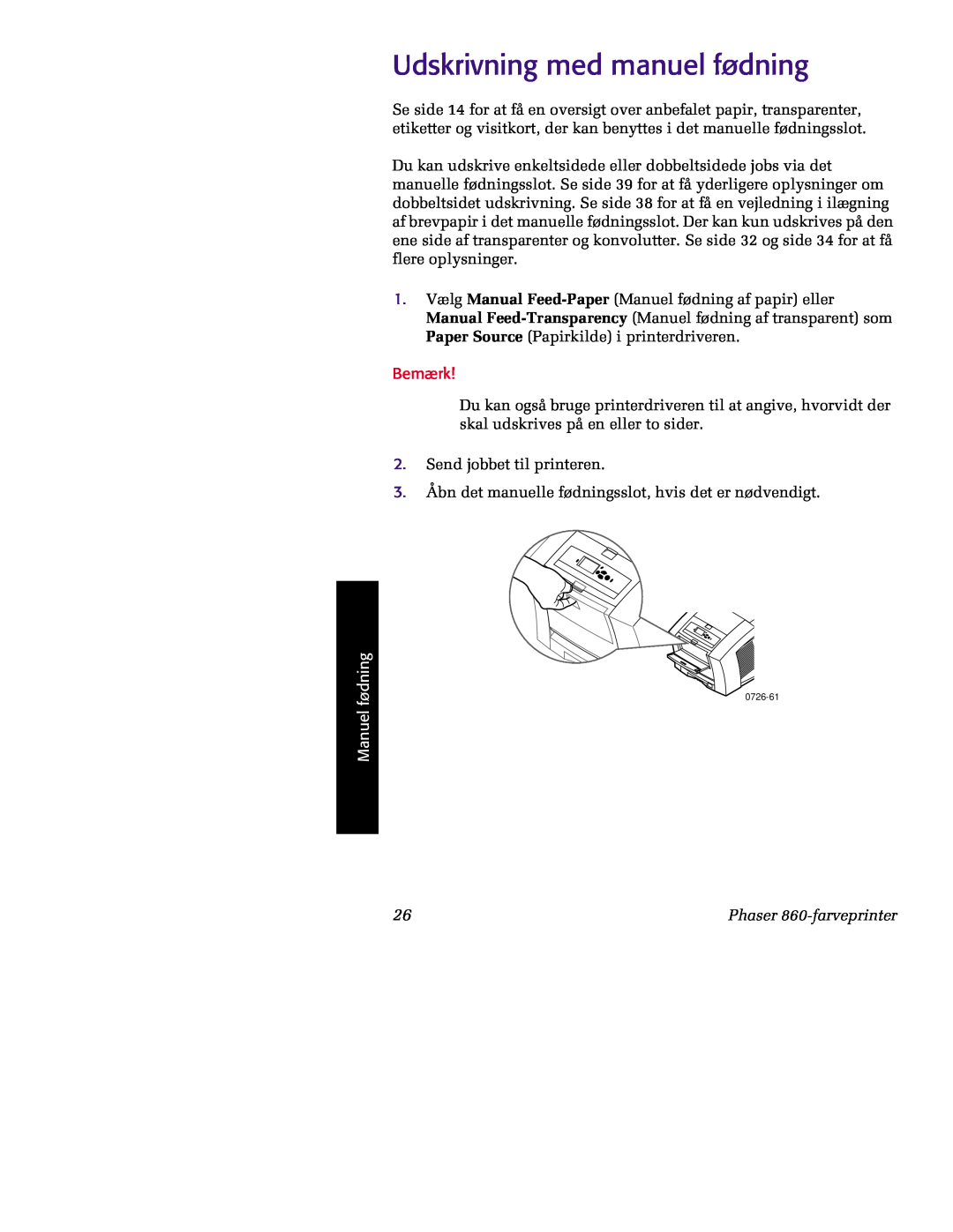 Tektronix manual Udskrivning med manuel fødning, Manuel fødning, Bemærk, Phaser 860-farveprinter 