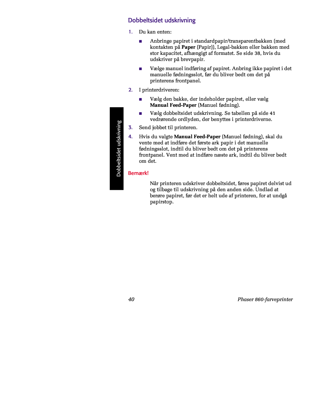 Tektronix manual Dobbeltsidet udskrivning, Bemærk, Phaser 860-farveprinter 