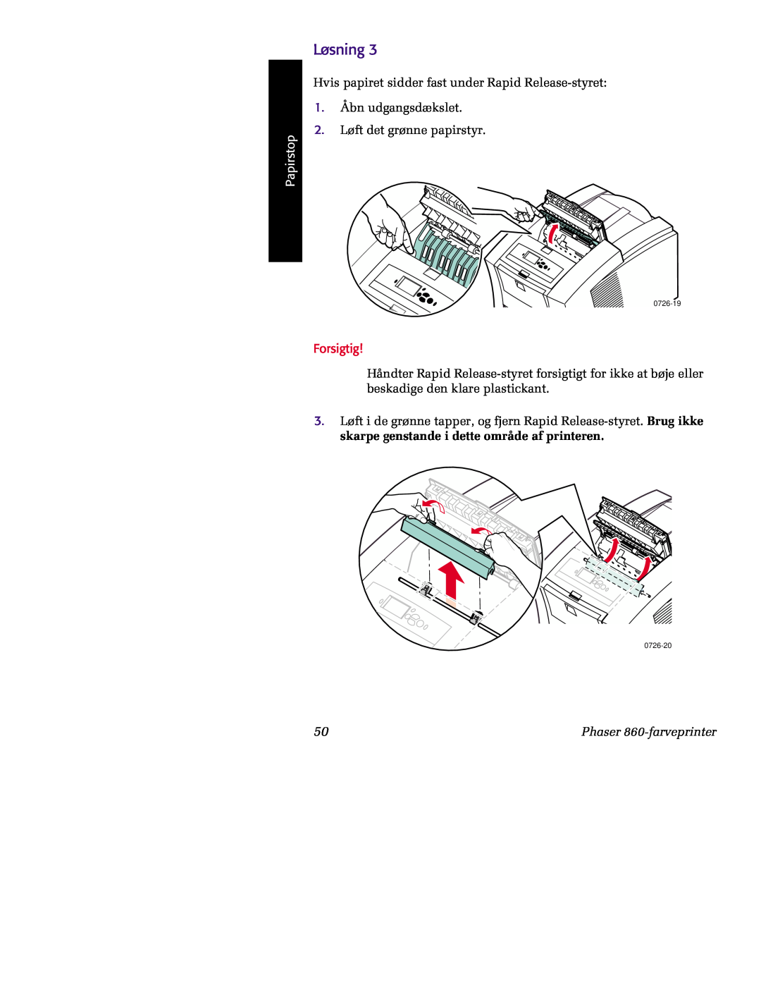 Tektronix manual Løsning, Papirstop, Forsigtig, Phaser 860-farveprinter, 0726-19, 0726-20 