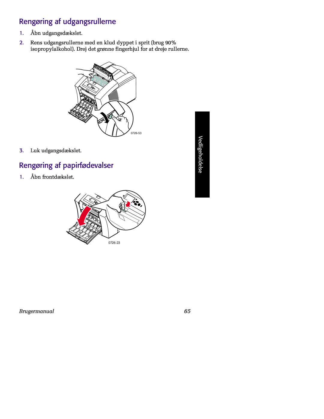 Tektronix 860 Rengøring af udgangsrullerne, Rengøring af papirfødevalser, Vedligeholdelse, Brugermanual, 0726-23, 0726-53 
