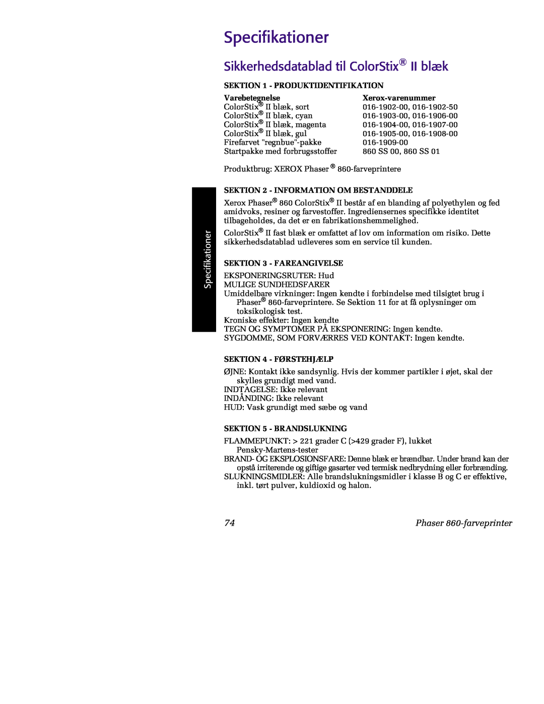 Tektronix manual Specifikationer, Sikkerhedsdatablad til ColorStix II blæk, Phaser 860-farveprinter, Varebetegnelse 