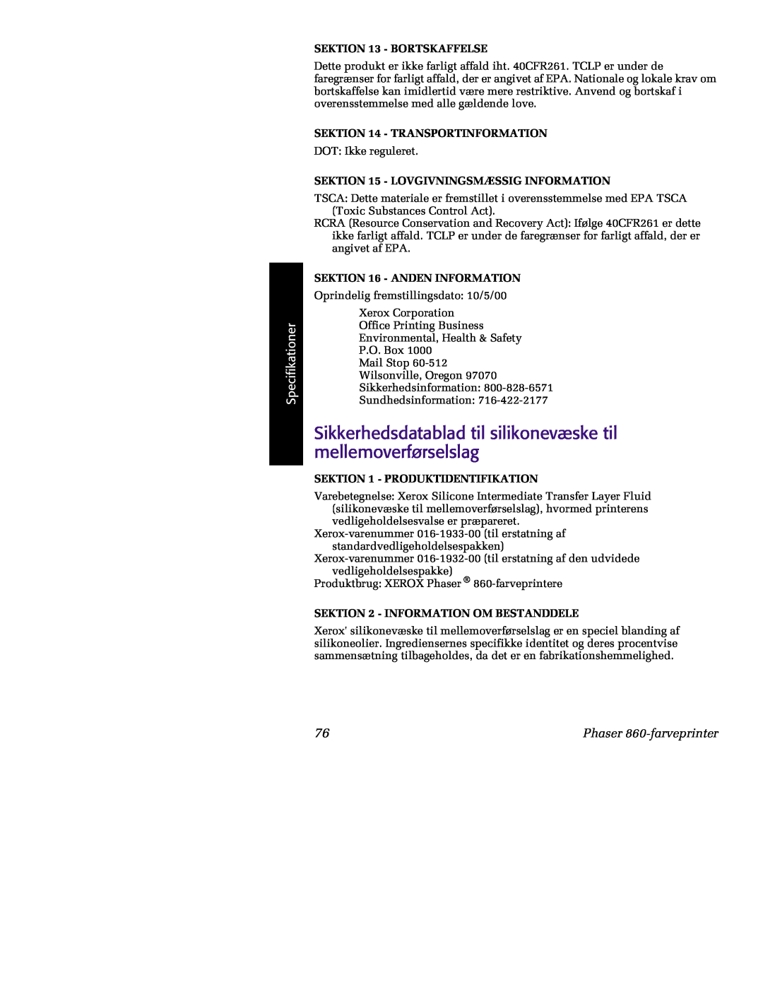 Tektronix manual Sikkerhedsdatablad til silikonevæske til mellemoverførselslag, Specifikationer, Phaser 860-farveprinter 