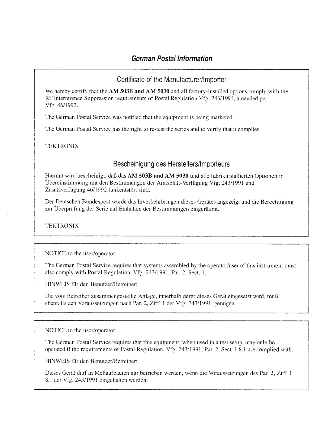 Tektronix AM 5030, AM 503B manual 