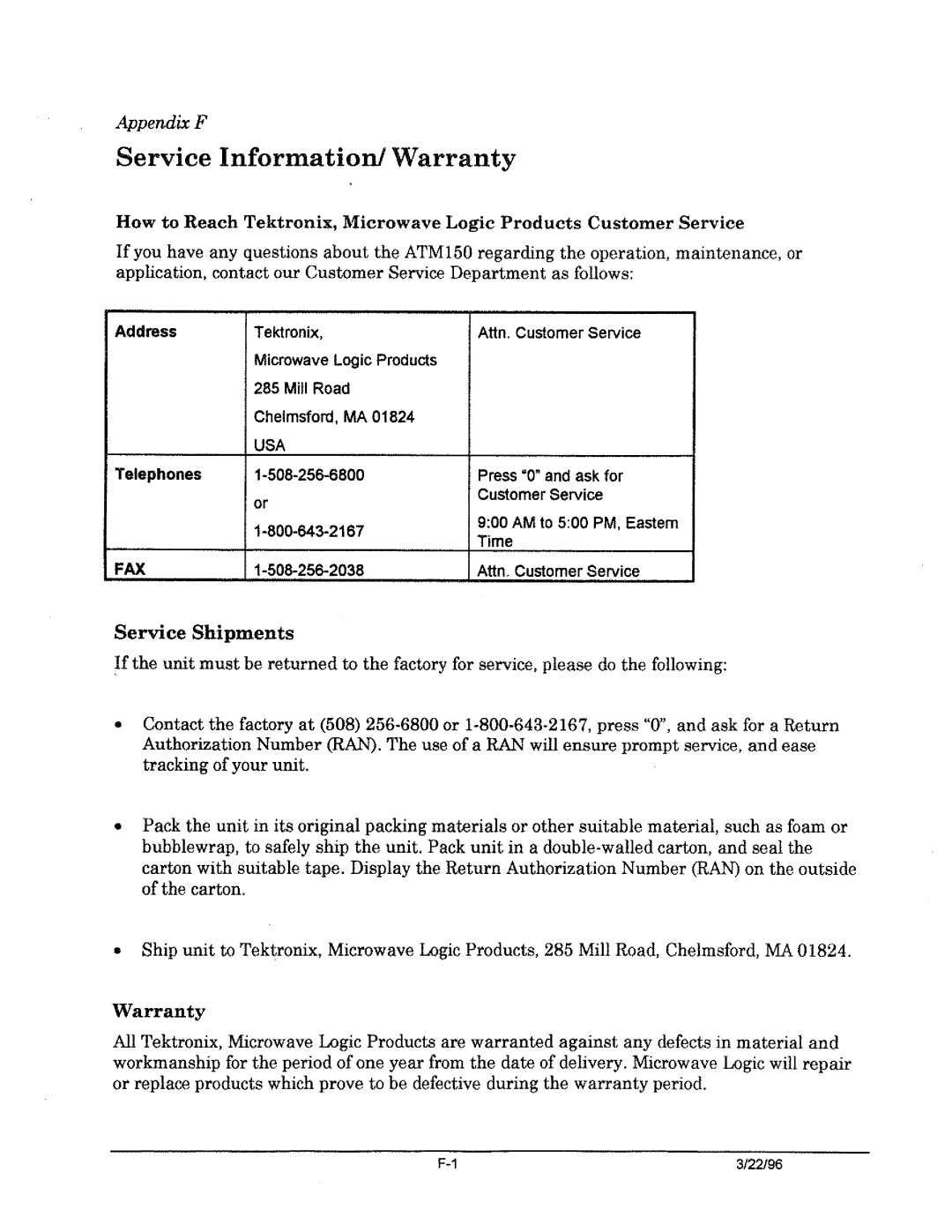 Tektronix ATM150 manual 