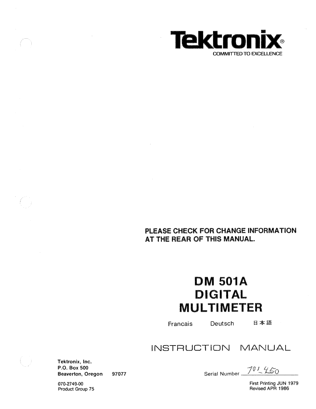 Tektronix DM 501A manual 