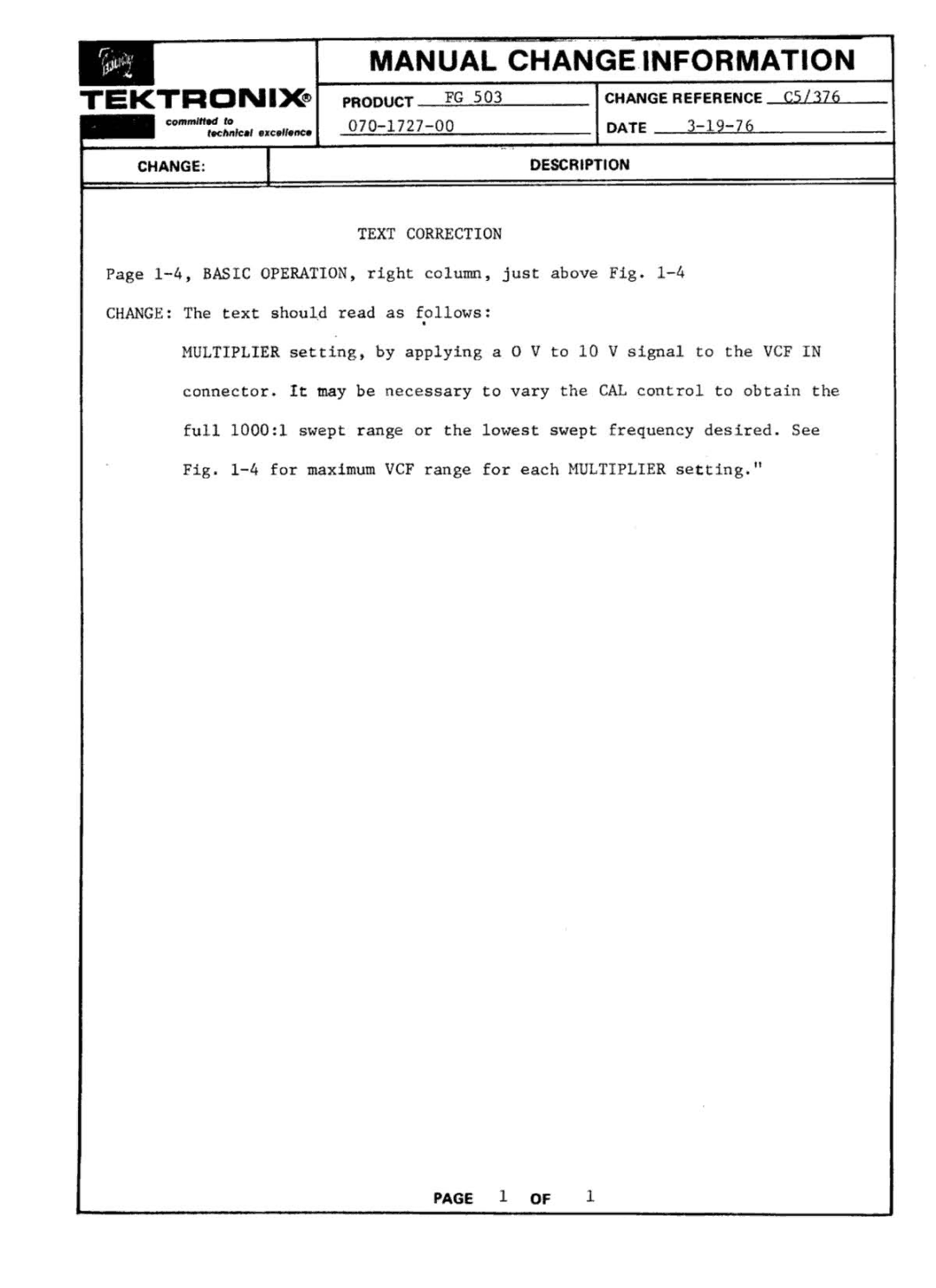 Tektronix FG 503 manual 