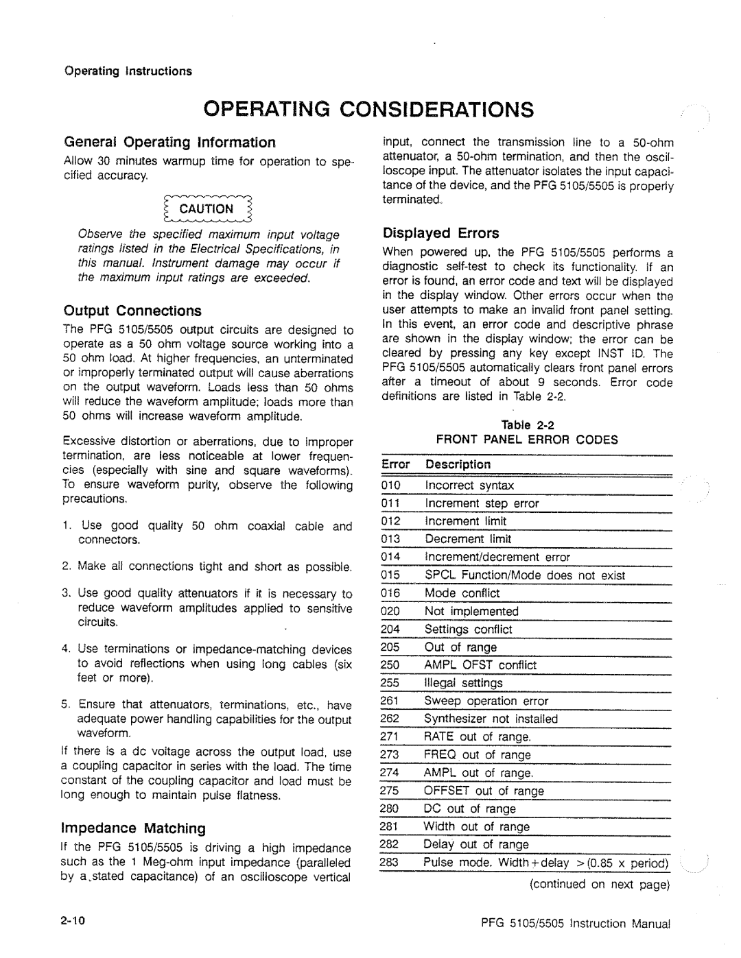 Tektronix PFG 5505, PFG 5105 manual 