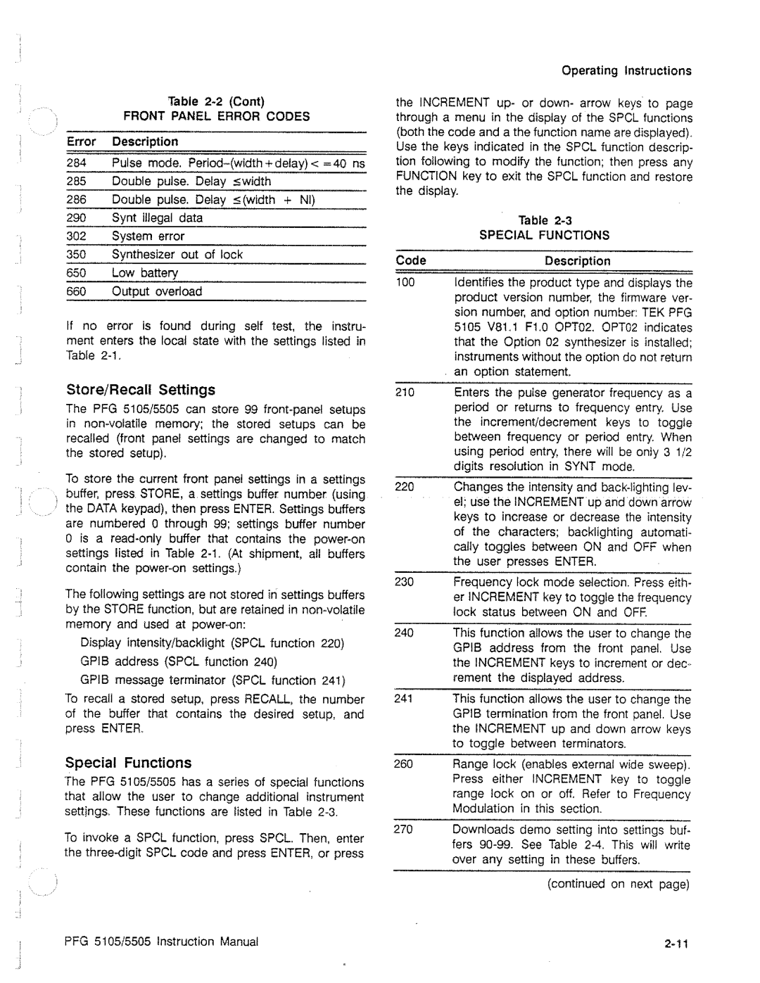 Tektronix PFG 5105, PFG 5505 manual 