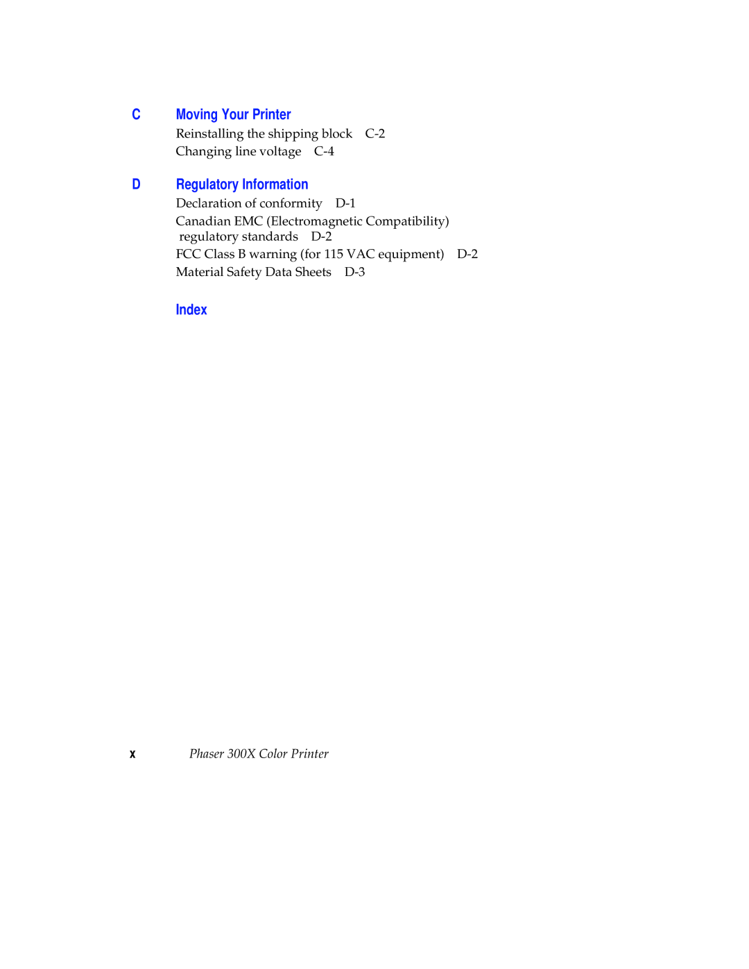 Tektronix Phaser 300X user manual Index, Regulatory Information 