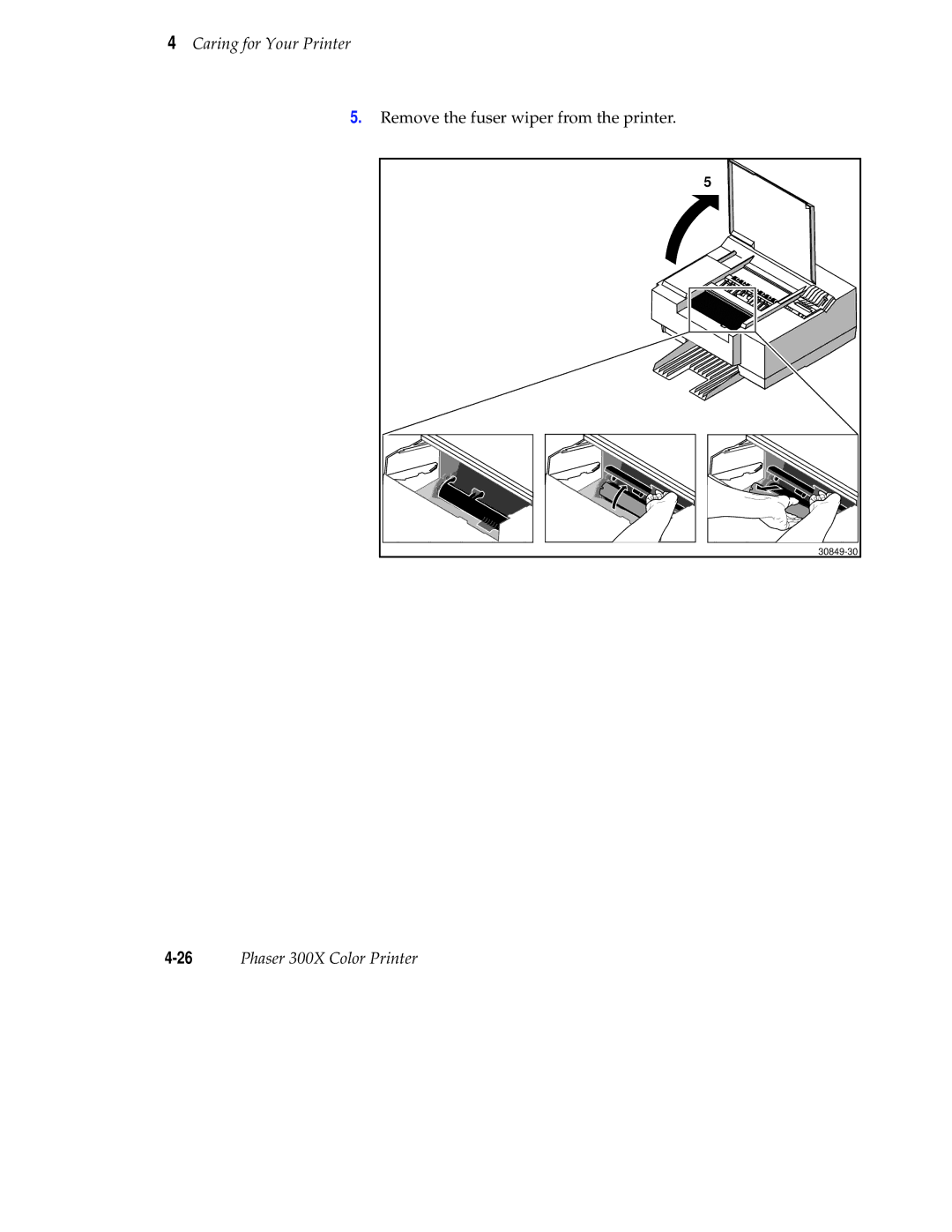 Tektronix Phaser 300X user manual Remove the fuser wiper from the printer 