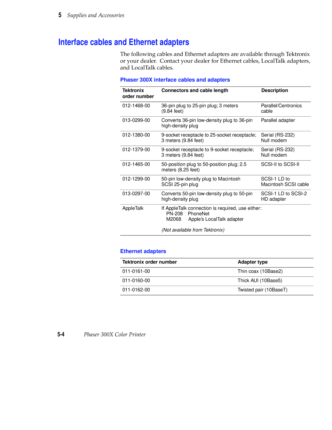 Tektronix user manual Interface cables and Ethernet adapters, Phaser 300X interface cables and adapters 