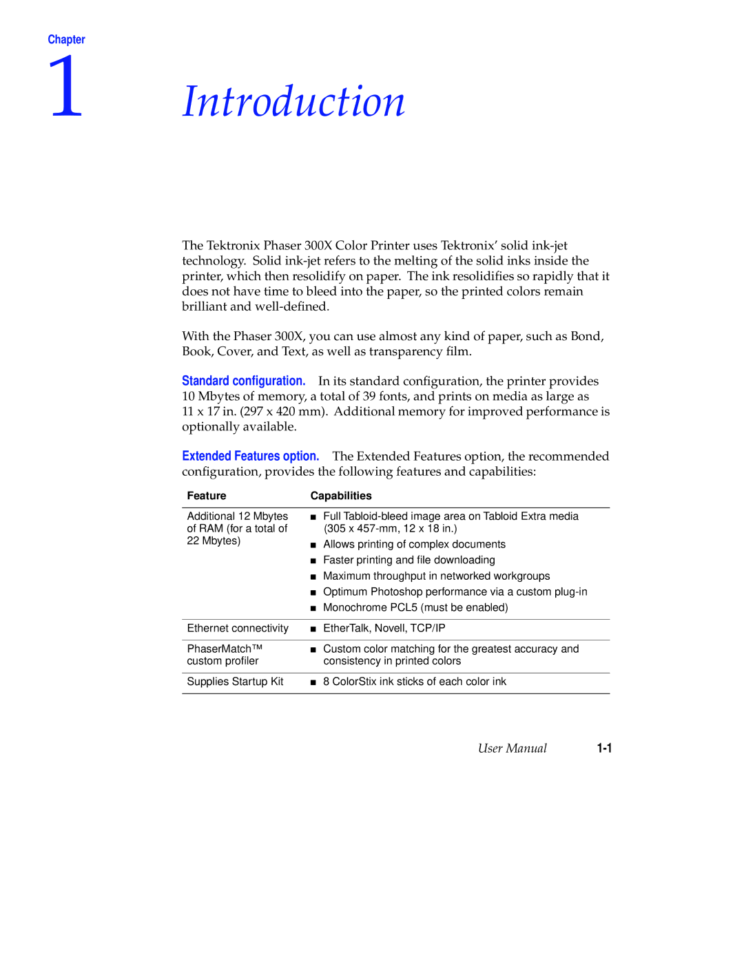 Tektronix Phaser 300X user manual Introduction, Chapter, FeatureCapabilities 