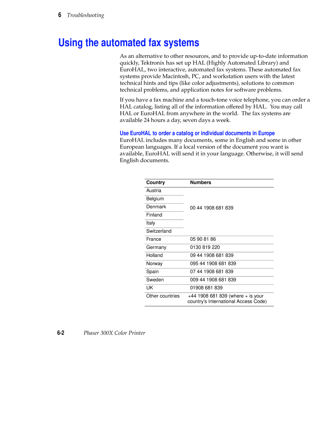 Tektronix Phaser 300X user manual Using the automated fax systems, Country Numbers 