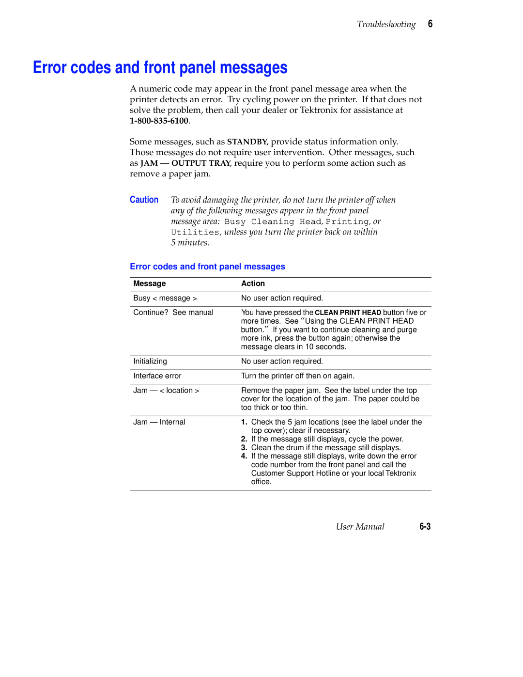 Tektronix Phaser 300X user manual Error codes and front panel messages, Message Action 