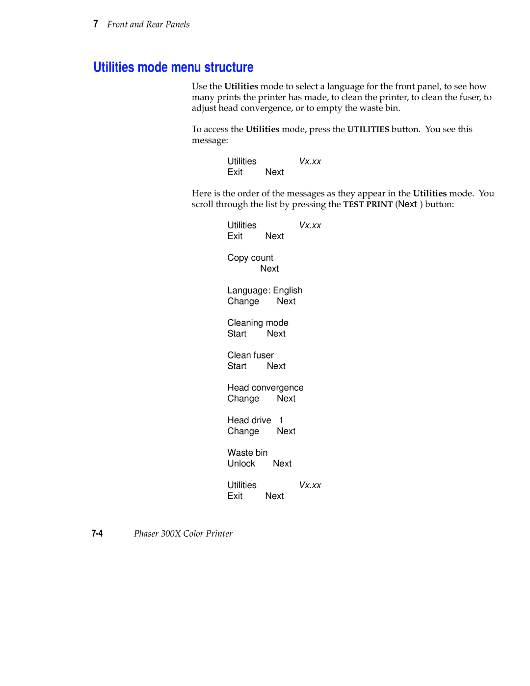 Tektronix Phaser 300X user manual Utilities mode menu structure 