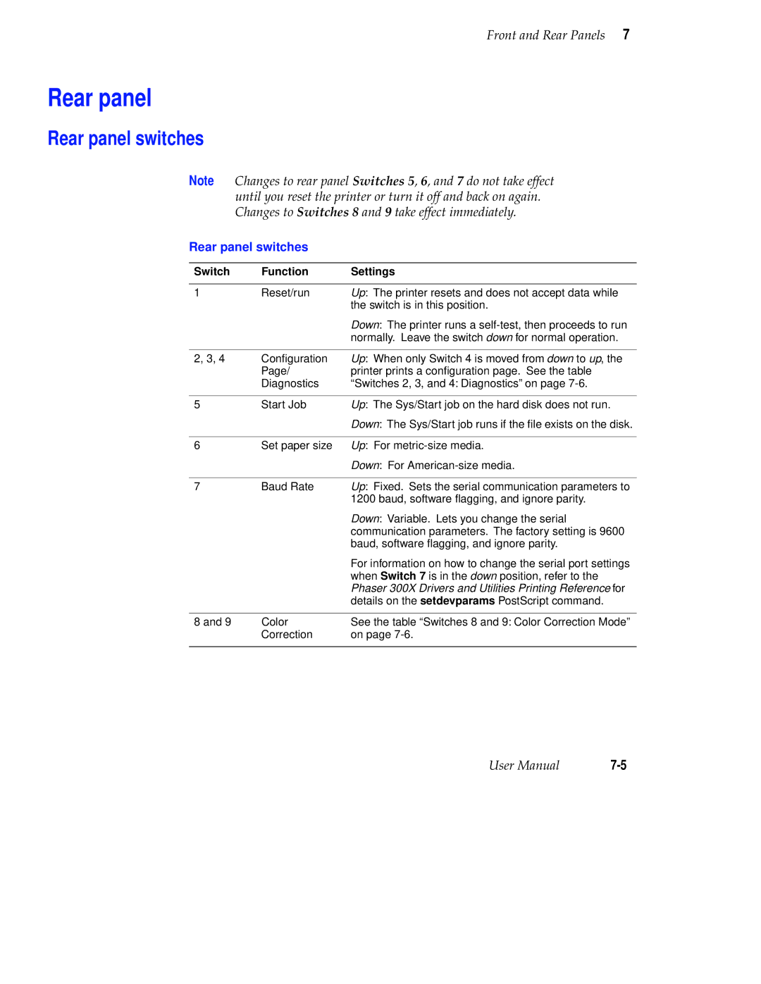 Tektronix Phaser 300X user manual Rear panel switches, Switch Function Settings 