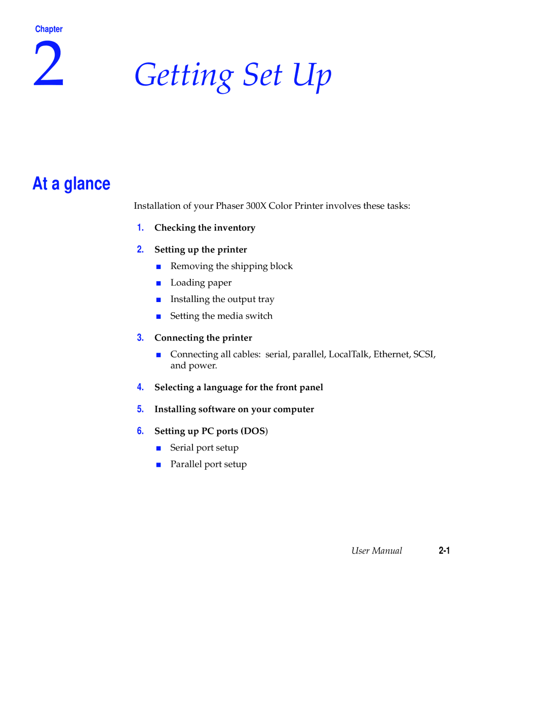 Tektronix Phaser 300X user manual Getting Set Up, At a glance 