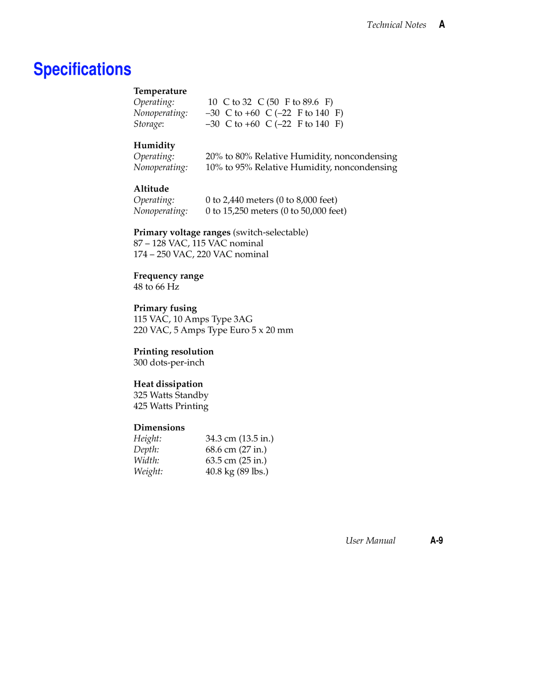 Tektronix Phaser 300X user manual Speciﬁcations, Temperature 