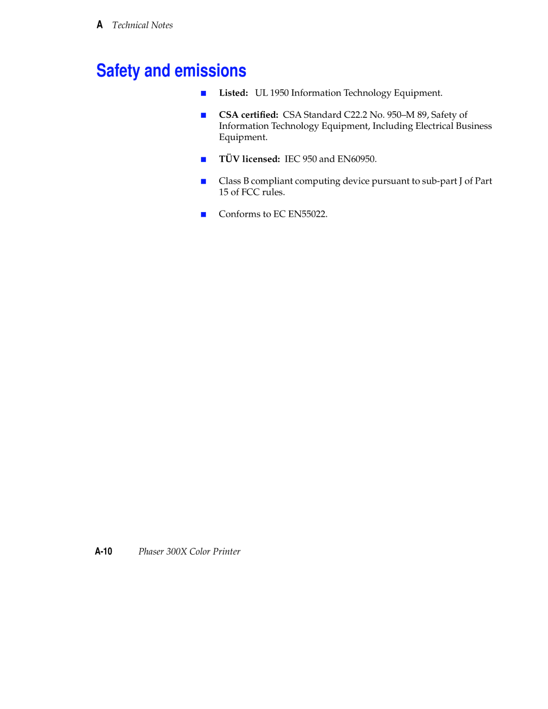 Tektronix Phaser 300X user manual Safety and emissions 