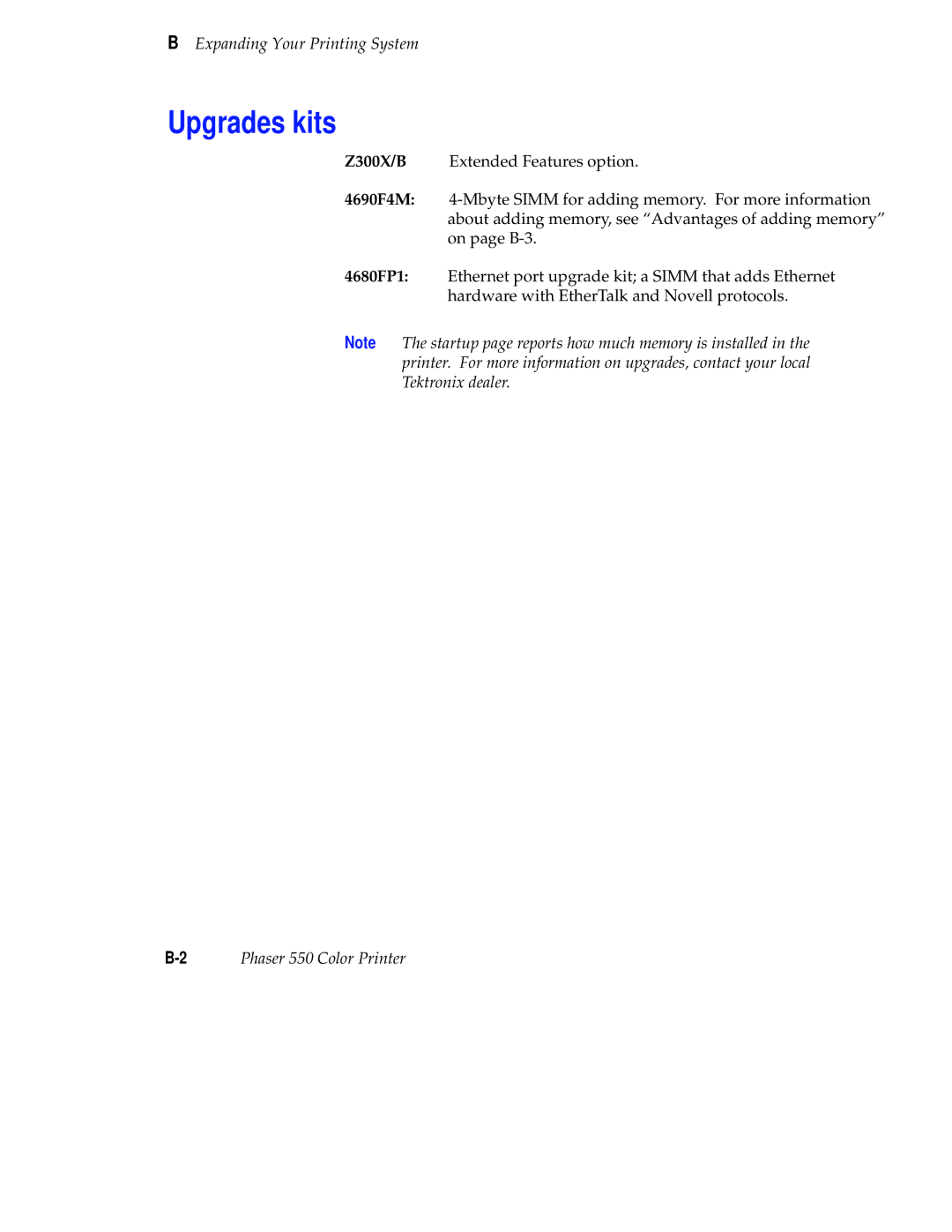 Tektronix Phaser 300X user manual Upgrades kits 