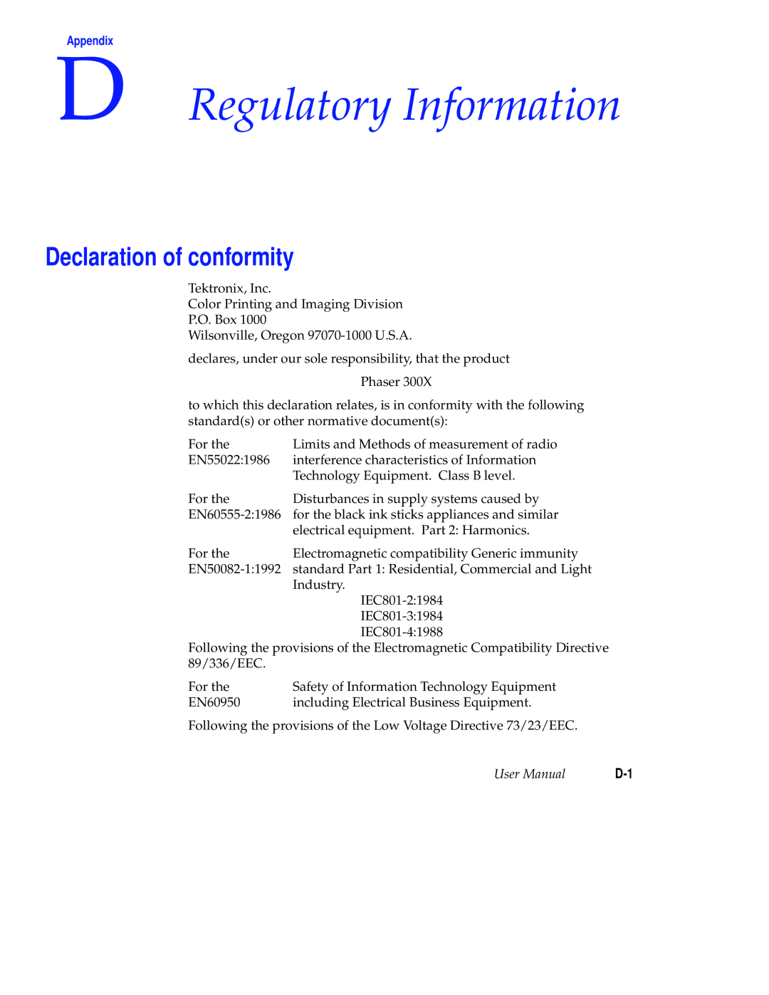 Tektronix Phaser 300X user manual Regulatory Information, Declaration of conformity 