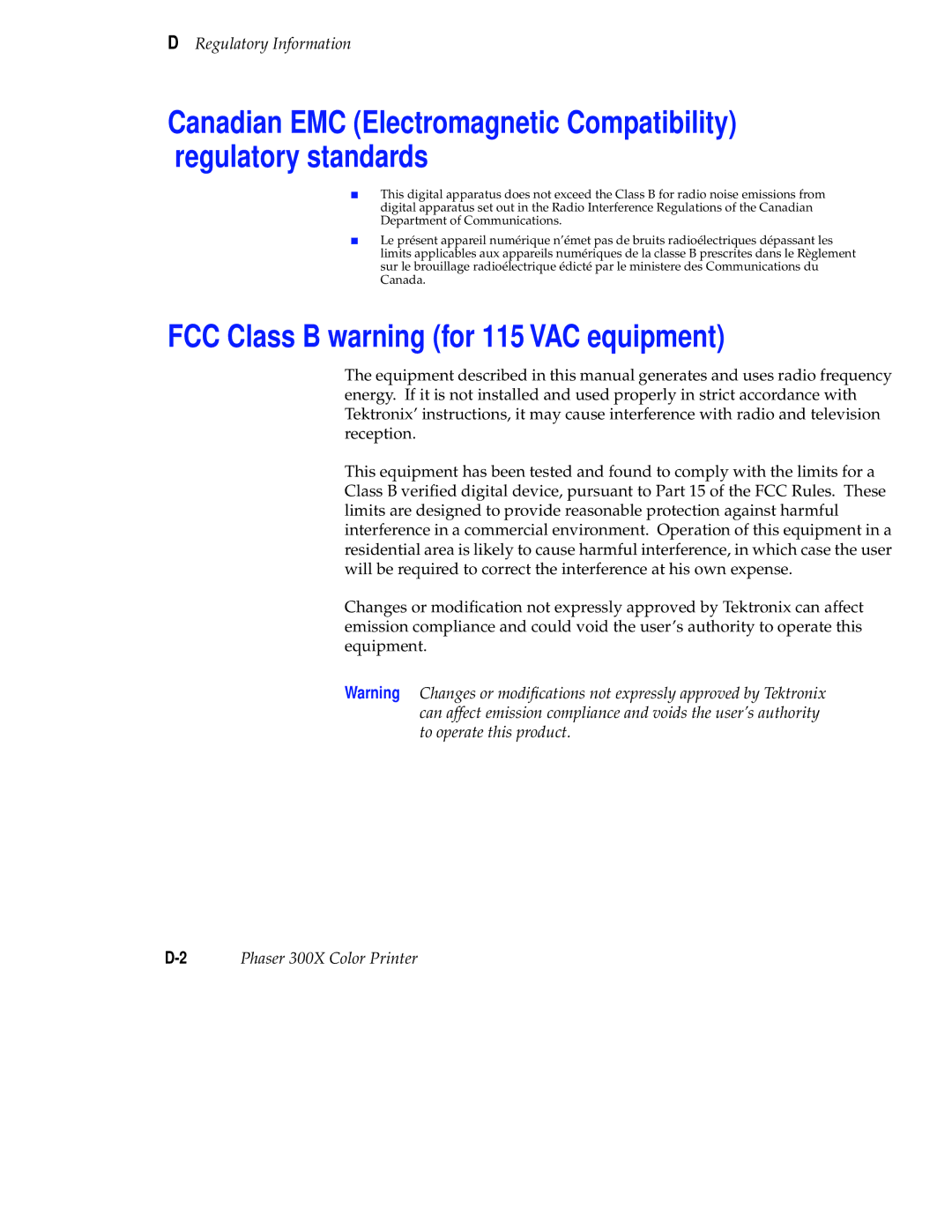 Tektronix Phaser 300X user manual FCC Class B warning for 115 VAC equipment 